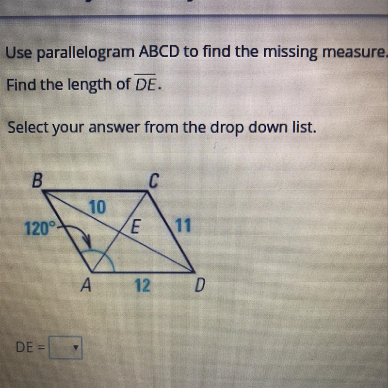 Use parallelogram ABCD to find the missing measure. Find the length of DE-example-1