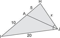 AJ is the bisector of ∠HJI. Determine the value of x. ANSWERS: A) 50 B) 10 C) 8 D-example-1