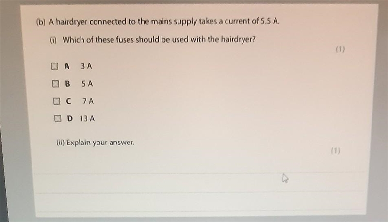 (b) A hairdryer connected to the mains supply takes a current of 5.5 A. (i) Which-example-1