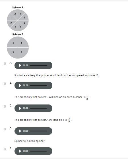 Miguel is comparing the probabilities of two spinners. Which of the following statements-example-1