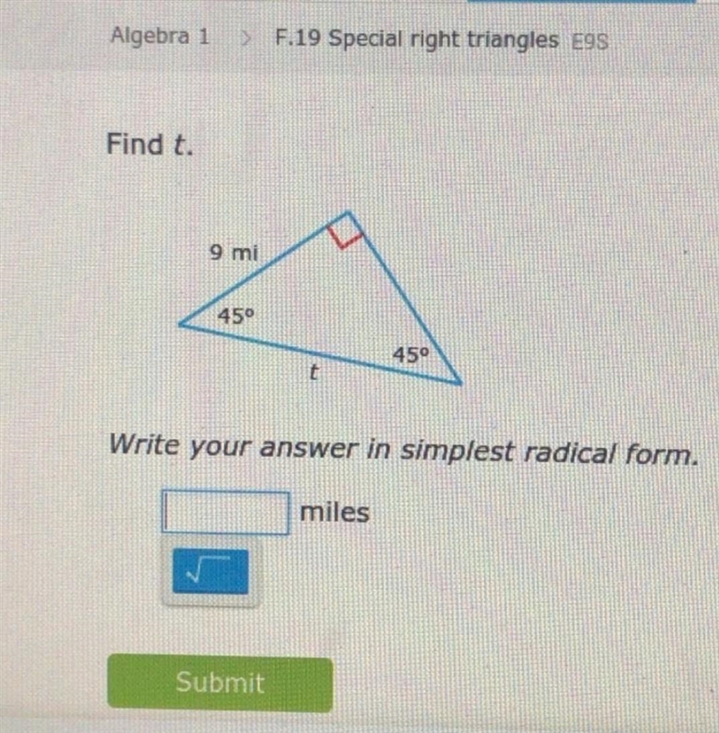 Find t Write your answer in simplest radical form​-example-1