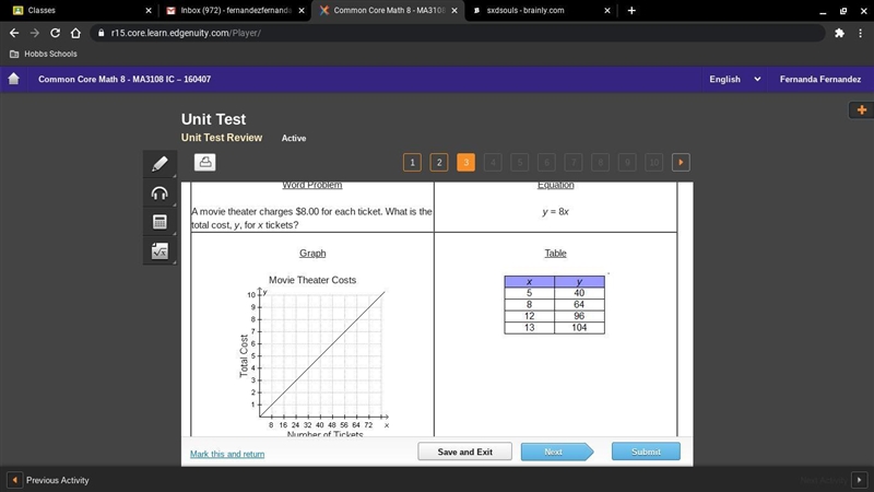 Javier and his study group designed a word problem, equation, table, and graph that-example-1