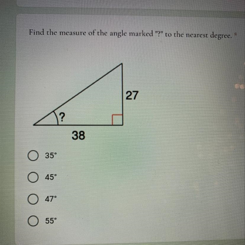 Find the measure of the angle marked "?" to the nearest degree.-example-1