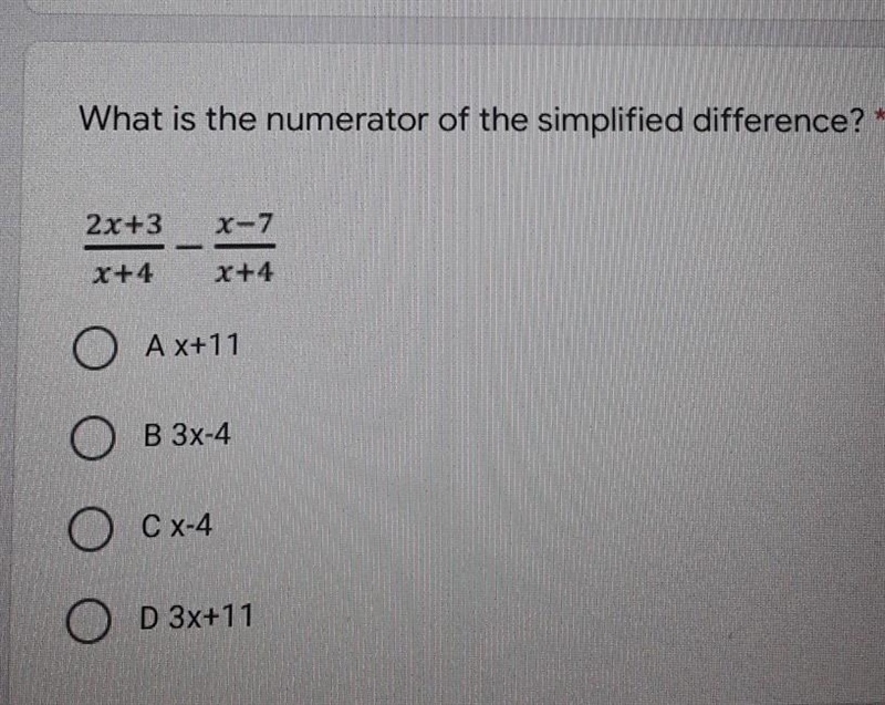 What is the numerator of the simplified difference? 2x+3/x+4 - x-7/x+4​-example-1