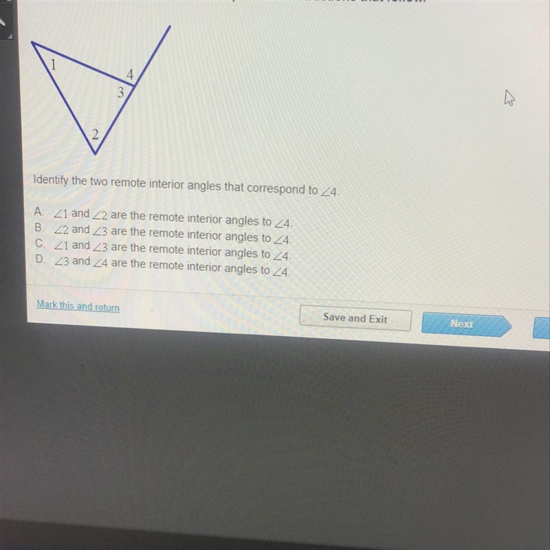 Identify the two remote interior angles that correspond to angle 4.-example-1