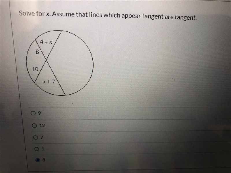 PLEASE HURRY Solve for X assume that lines that which appear tangent are tangent-example-1