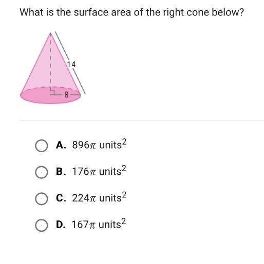 PLEASE HELP! :( What is the surface area of the right cone below?-example-1