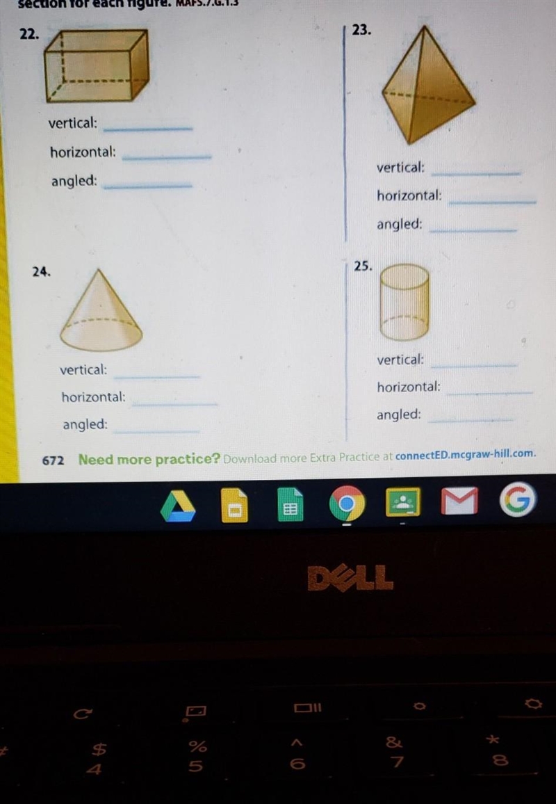 Describe the shape resulting from a vertical, horizontal, and angled cross section-example-1