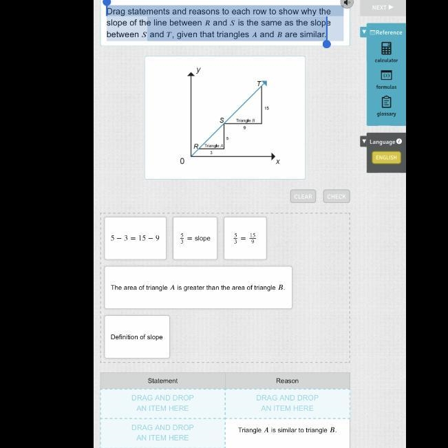 Drag statements and reasons to each row to show why the slope of the line between-example-1