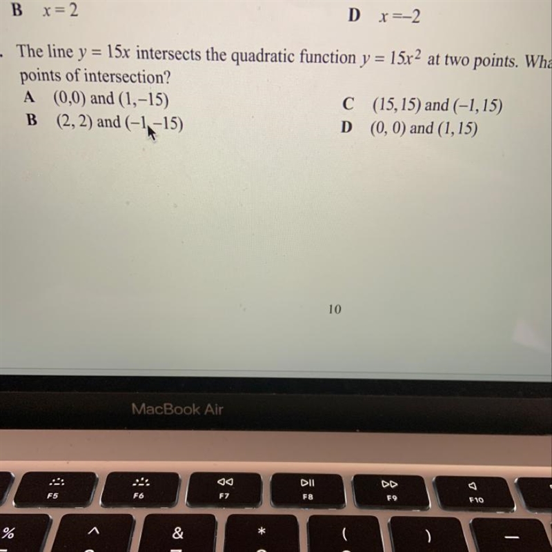 The line y=15x Intersex the quadratic function y=15x^2 at two points. what are the-example-1