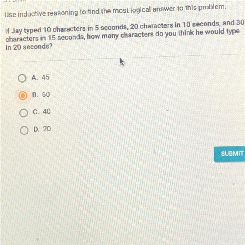 If Jay typed 10 characters in 5 seconds, 20 characters in 10 seconds, and 30 characters-example-1