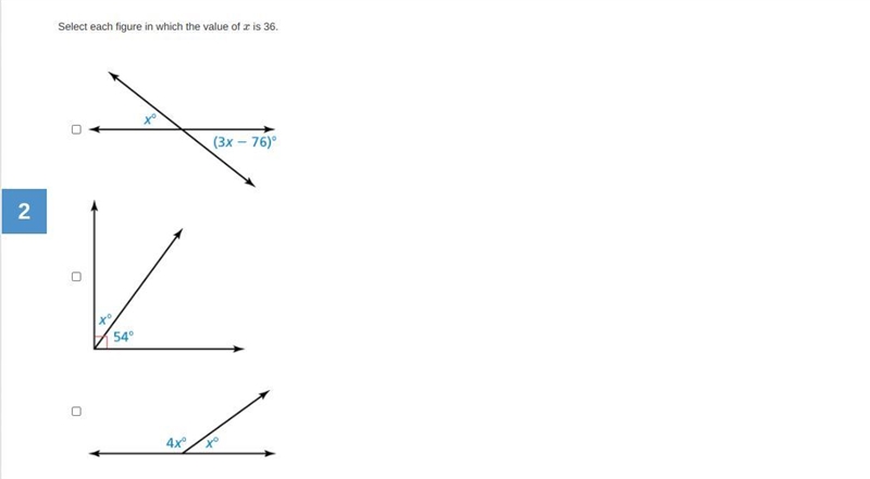 Select each figure in which the value of x is 36.-example-1