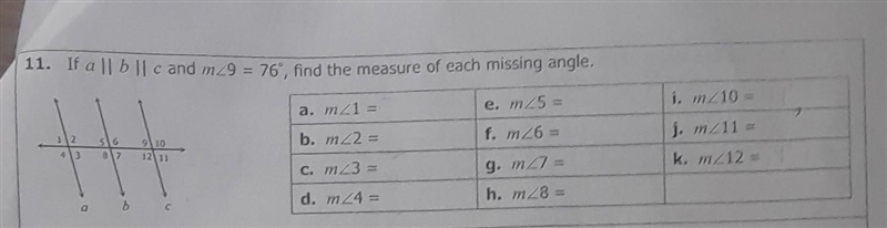 If a || b || c and m9 = 76°, find the measure of each missing angle.​-example-1