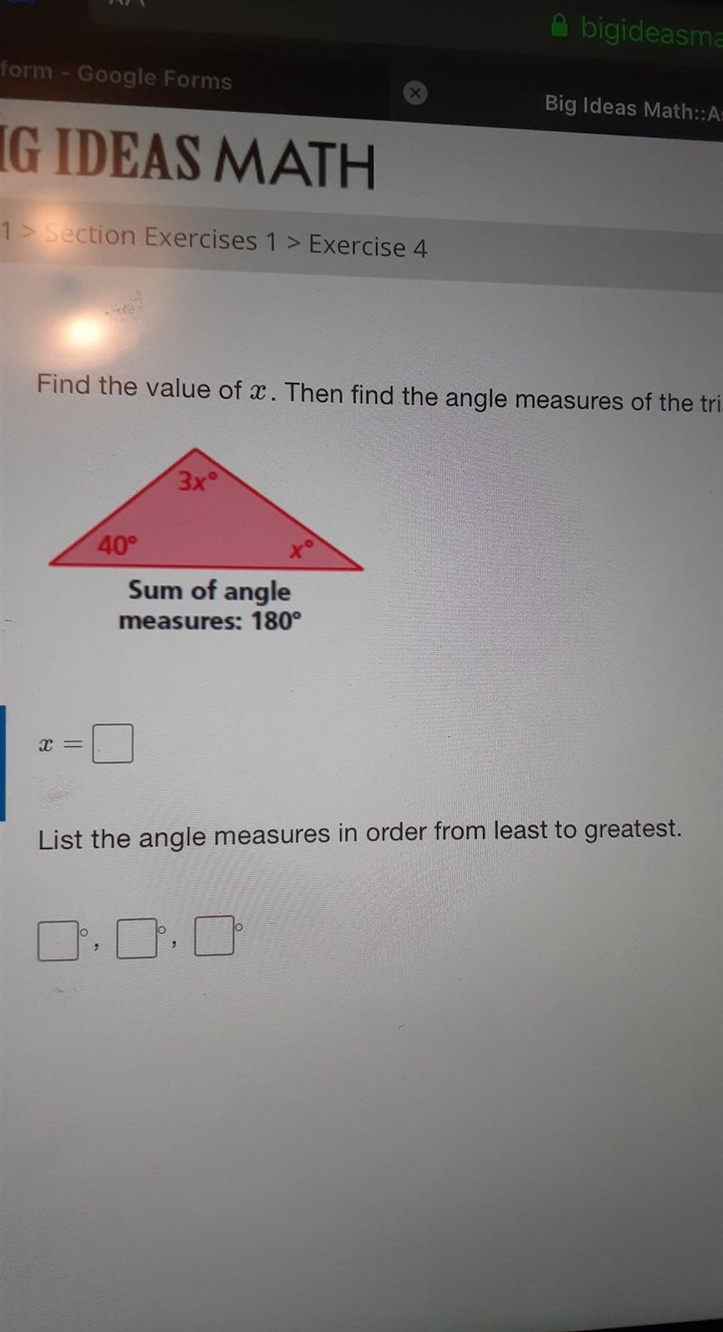 Find the value of x. then find the angle measures of the triangle...​-example-1