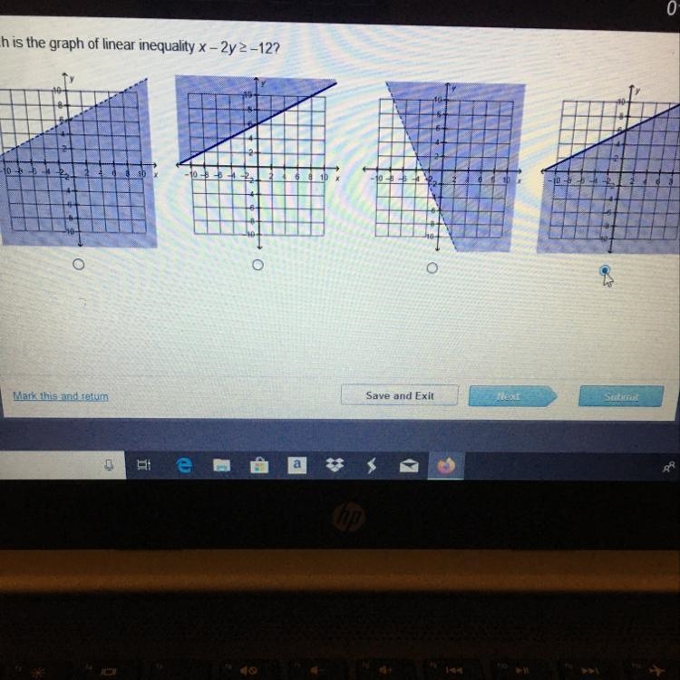 Which is the graph of linear inequality x - 2y > -12 (The answer is D)-example-1