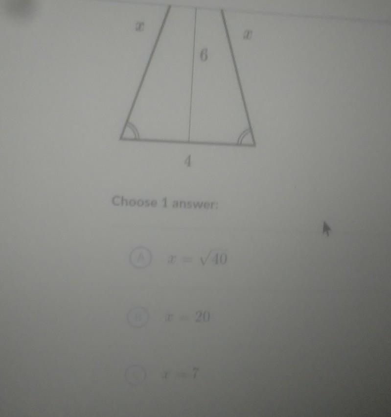 Help please. Find the value of x in the isosceles triangle shown below​-example-1