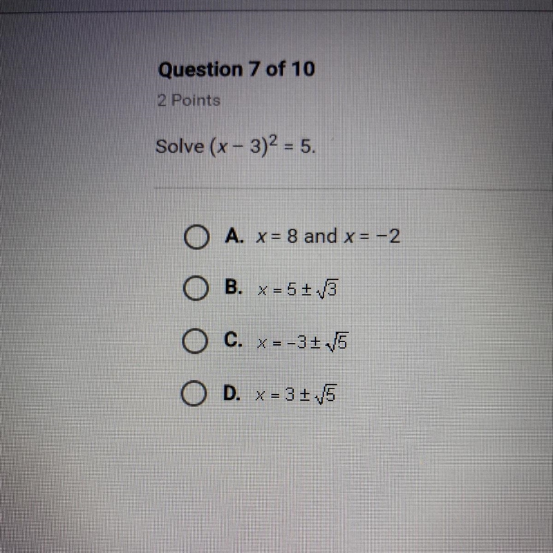 Solve (x-3)^2 = 5 HELP ASAP!!! Please!! :(-example-1