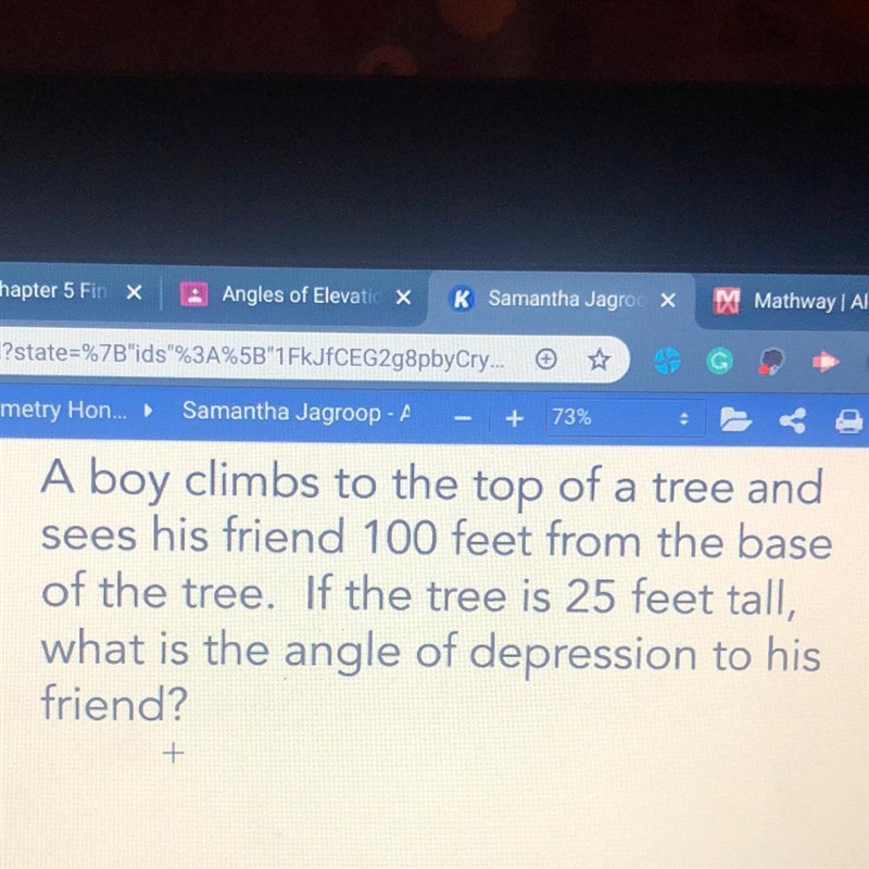 If the tree is 25 feet tall , what is the angle of depression to his friend-example-1