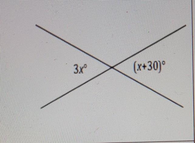 3 Two lines meet at a point. Set up and solve an equation to find the value of x. Find-example-1