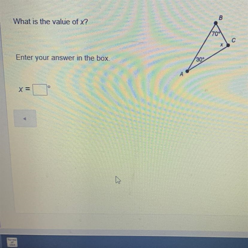 What is the value of x? 8 70° Enter your answer in the box. 30 10 X=-example-1