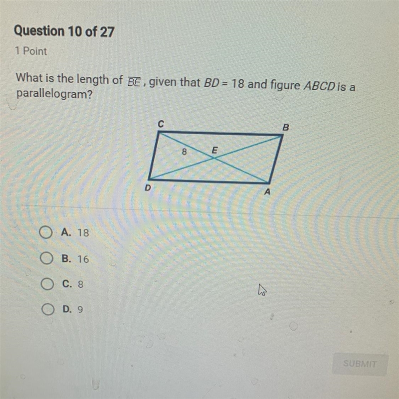 What is the length of BE given that BD = 18 and figure ABCD is a parallelogram?-example-1