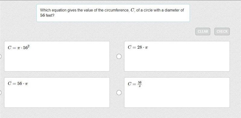 Which equation gives the value of the circumference, C, of a circle with a diameter-example-1