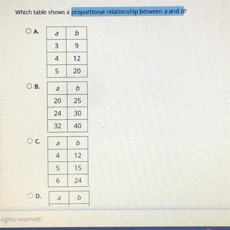 Which table shows a proportional relationship between a and b? ОА. b 3 9 4 12 5 20 B-example-1