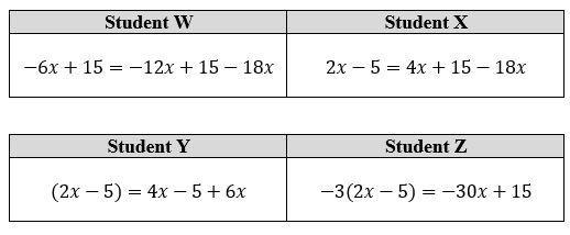 The equation−3(2x −5)=−12x +15 −18x is solved by four students. They each show the-example-1