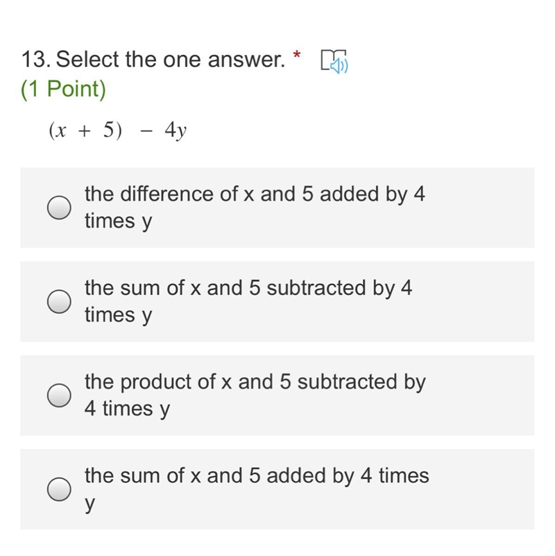 Select the one answer. (x+5)-4y-example-1