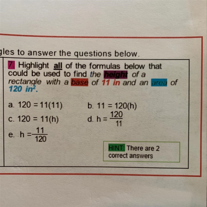 Find the height of a rectangle with a base of 11 in and area of 120 in2-example-1