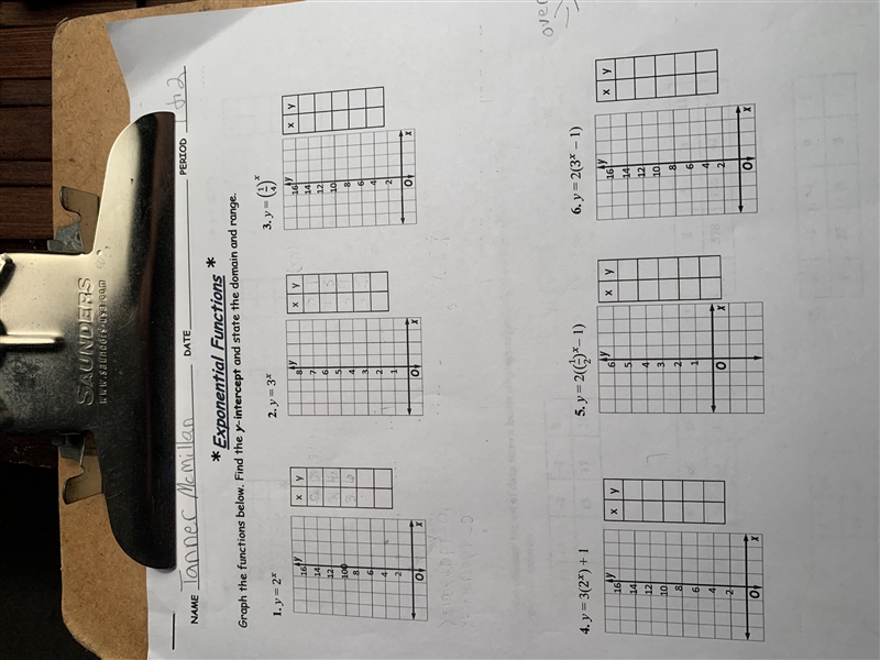 Exponential functions, graph the function, find the y- intercept and state the domain-example-1