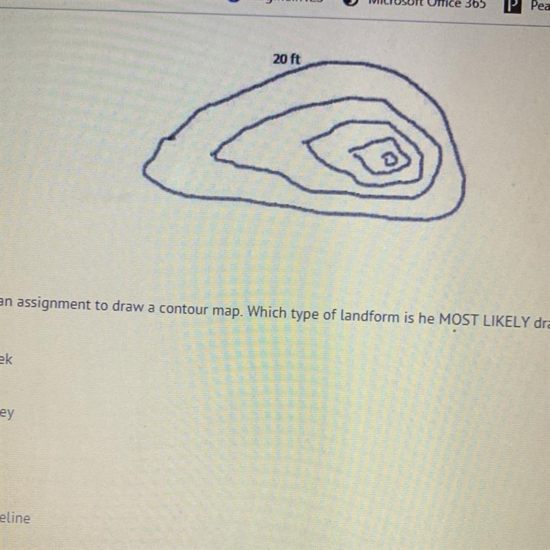 Caleb has an assignment to draw a contour map. What type of landform is he most likely-example-1