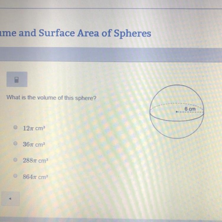 What is the volume of this sphere? 12pi cm^3 36pi cm^3 288pi cm^3 864pi cm^3-example-1