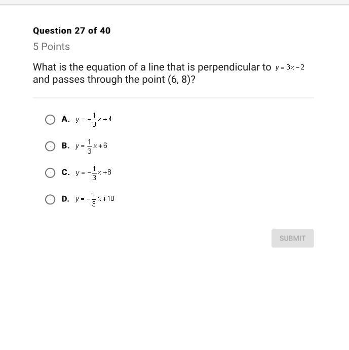 Help ASAP What is the equation of a line that is perpendicular to y= 3x-2 and passes-example-1