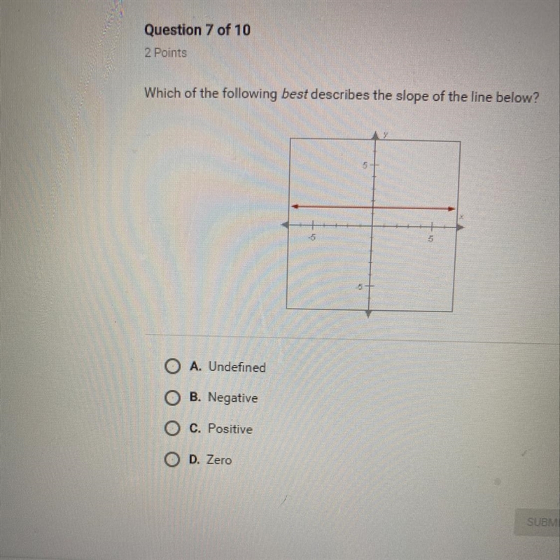 Which of the following best describes the slope of the line below? O A. Undefined-example-1