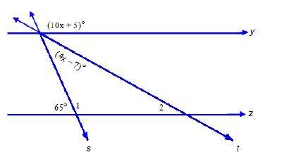 Lines y and z are parallel. Parallel lines are cut by transversals s and t. The angles-example-1