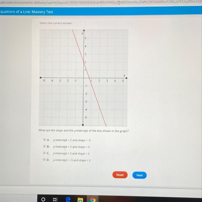 Select the correct aswer. What are the slope and they intercept of the line shown-example-1