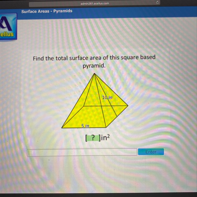 Find the total surface area of this square based pyramid.-example-1