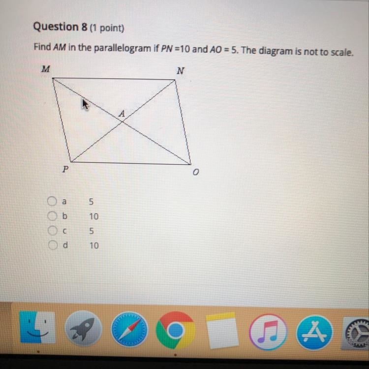 Find AM in the parallelogram if PN=10 and AO=5 a 5 b 10 c 5 d 10-example-1