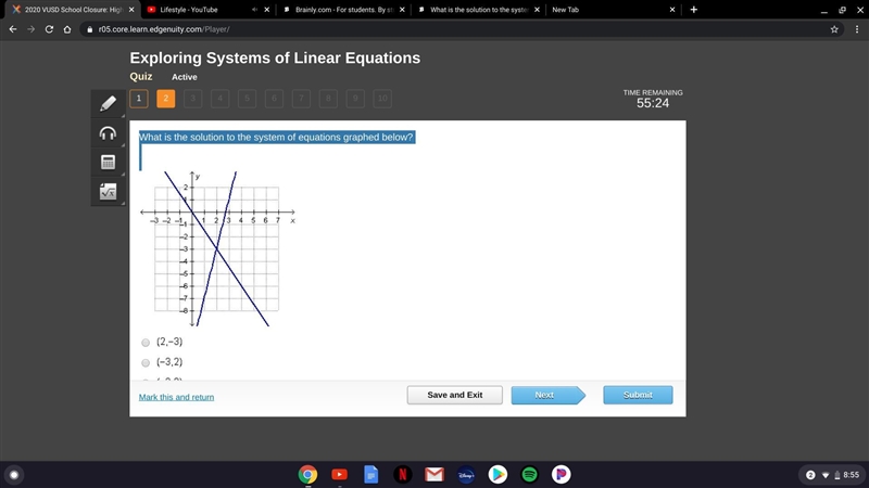 What is the solution to the system of equations graphed below?-example-1