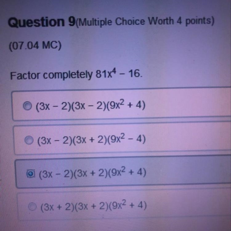 Factor completely 81x^4-16-example-1