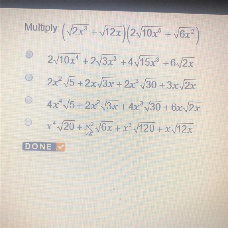 Multiply: ( sqrt 2x^3 + sqrt12x) (2*sqrt 10x^5 + sqrt 6x^2)-example-1