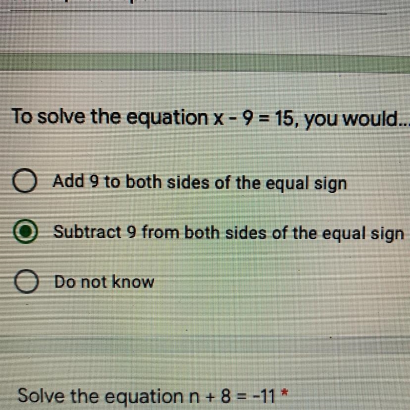 To solve the equation x-9 = 15, you would...-example-1