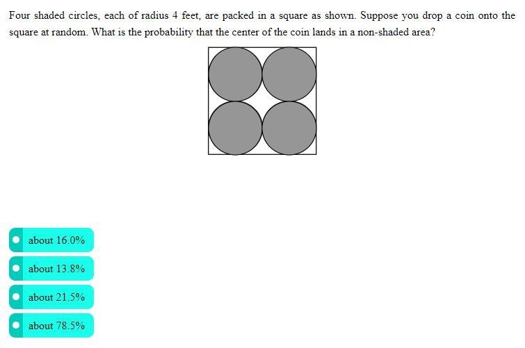 NEED HELP PLEASE: Four shaded circles, each of radius 4 feet, are packed in a square-example-1