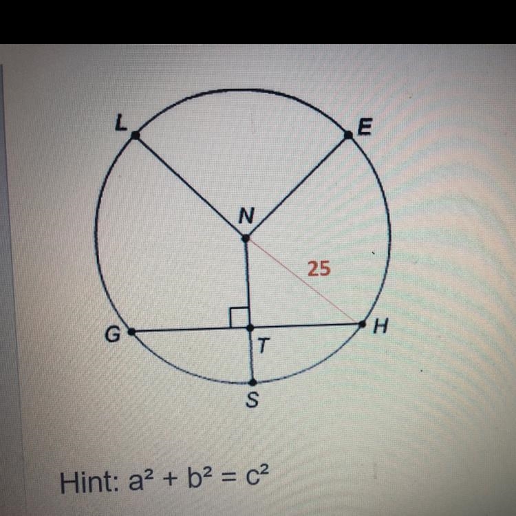 The radius of circle N measures 25 cm and GH = 48 cm. What is TS? 14 24 9 18-example-1