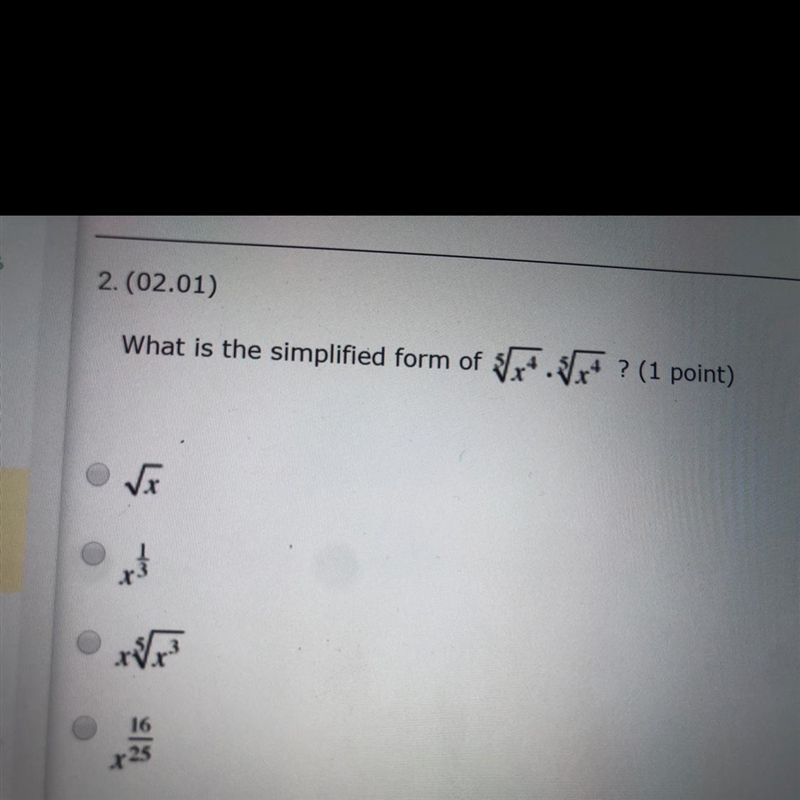 What is the simplified form of 5 square root x^4 • 5 square root x^4-example-1