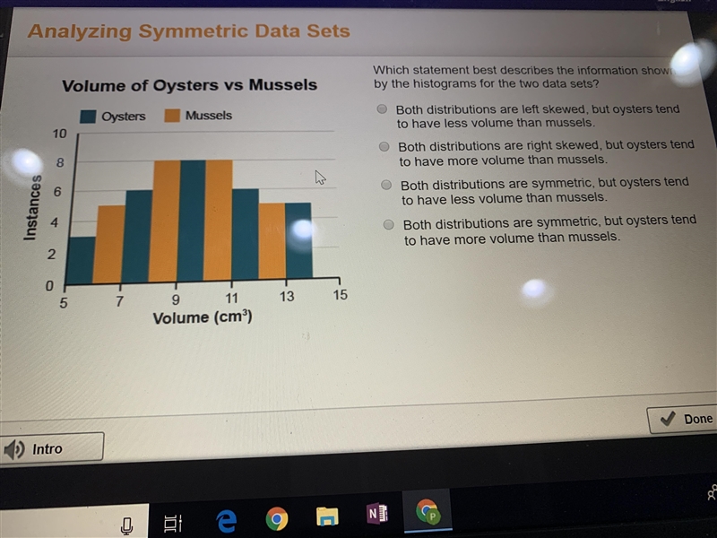 Which statement best describes the information shown by the histograms for the two-example-1