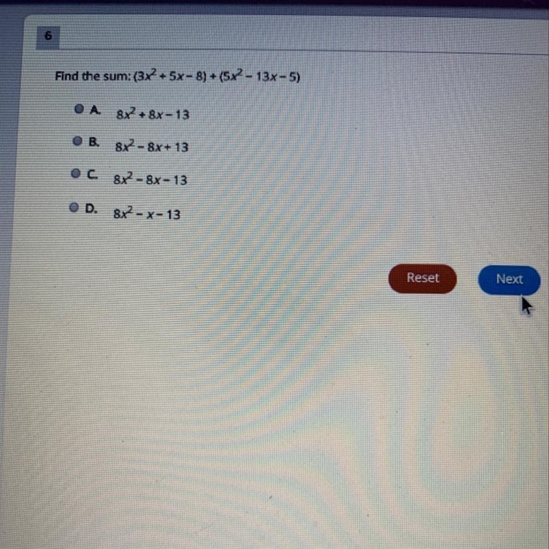 PLEASE HELP ASAP !!! Find the sum: (3х2 + 5х – 8) + (5х2 – 13х-5) 8х +8х - 13 ов. 82 – 8х-example-1