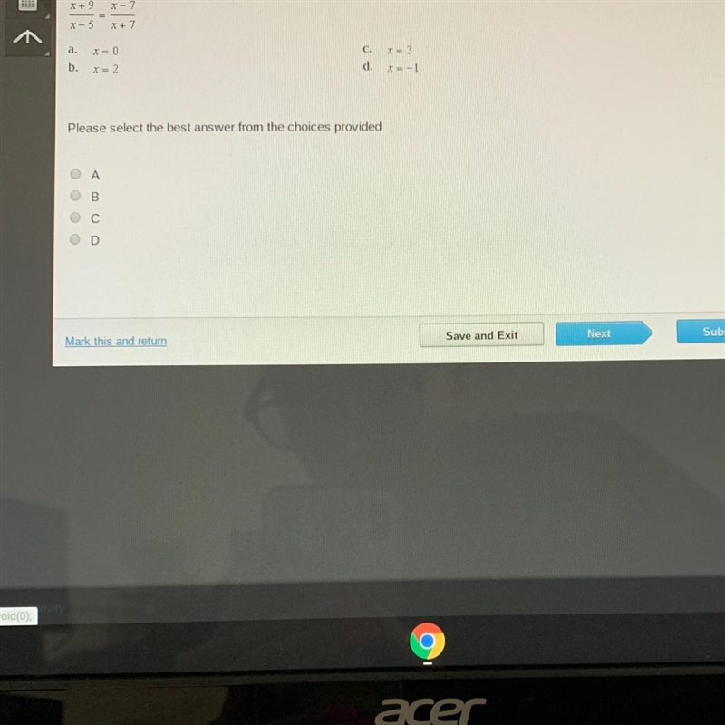 X+9/x-5 = x-7/x+7 a. x=0 b. x=2 c. x=3 d. x= -1-example-1