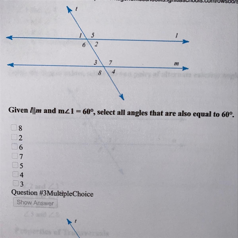 Given l\\m and m<1= <60 and m1 = 60°, select all angles that are also equal-example-1